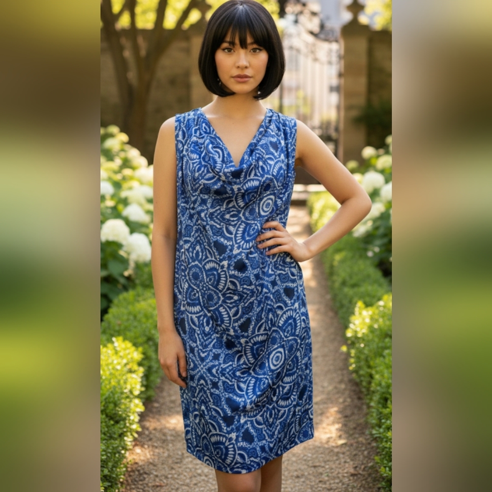 Mango Suit Blue & White Mediterranean Print Cowl Neck Dress, Shift Dress, Size 6